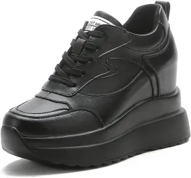AONEGOLD Platform Sneakers with High Hidden Heel, Wedge Sneakers, Leather Upper, Fashion Lace-ups, Increasing 3.94 inches