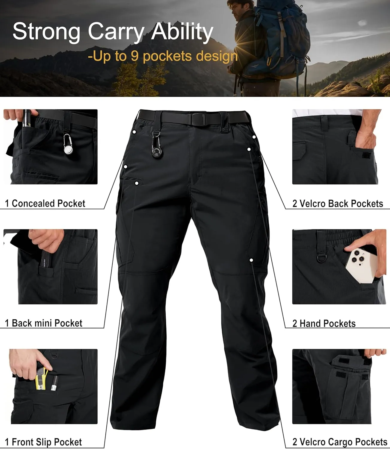 Arunlluta Men??s Tactical Pants, Ripstop Water Resistant Cargo Work Pants for Men, Stretch Hiking Pants Lightweight