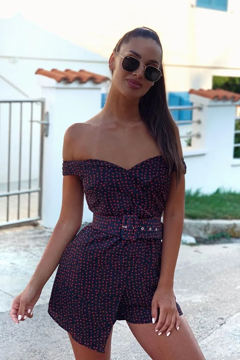 Black Red Polka Dot Belted Wrap Playsuit - Grace