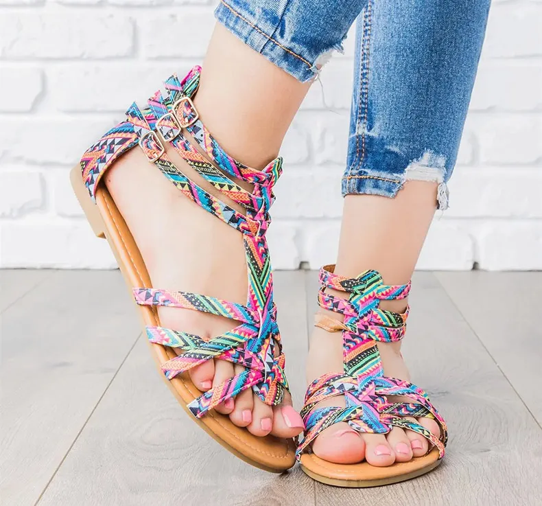 Chicvane Boho Style Multicolor Gladiator Shoes with Zipper Flat Sandals