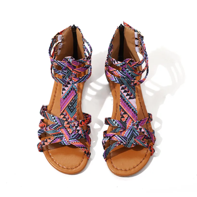 Chicvane Boho Style Multicolor Gladiator Shoes with Zipper Flat Sandals