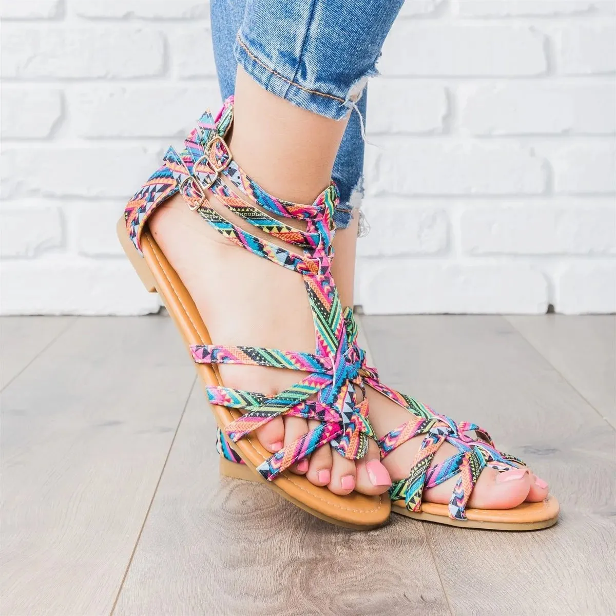 Chicvane Boho Style Multicolor Gladiator Shoes with Zipper Flat Sandals