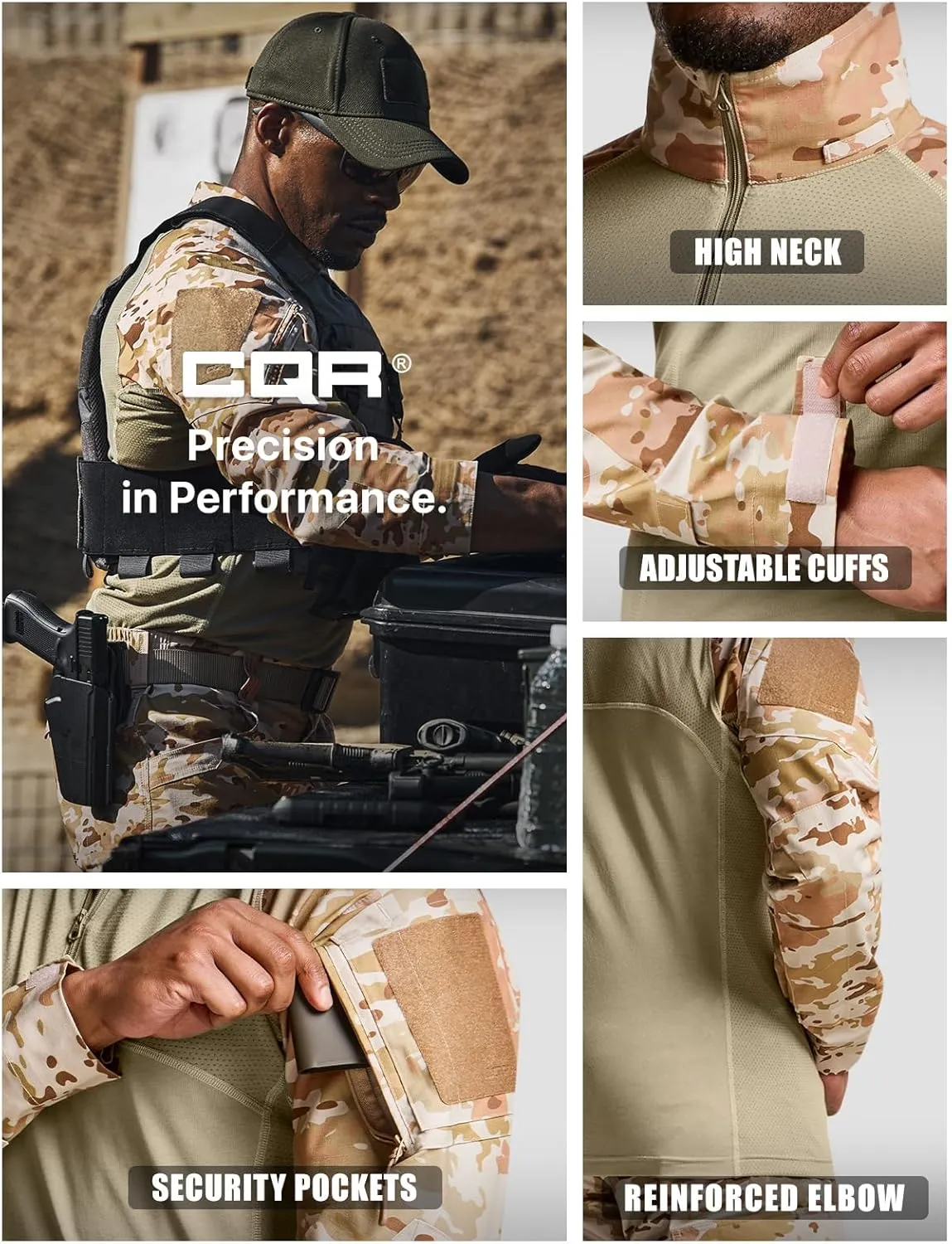 CQR Men's Combat Shirt Tactical 1/4 Zip Long Sleeve Military BDU Shirts Camo EDC Top with Pockets