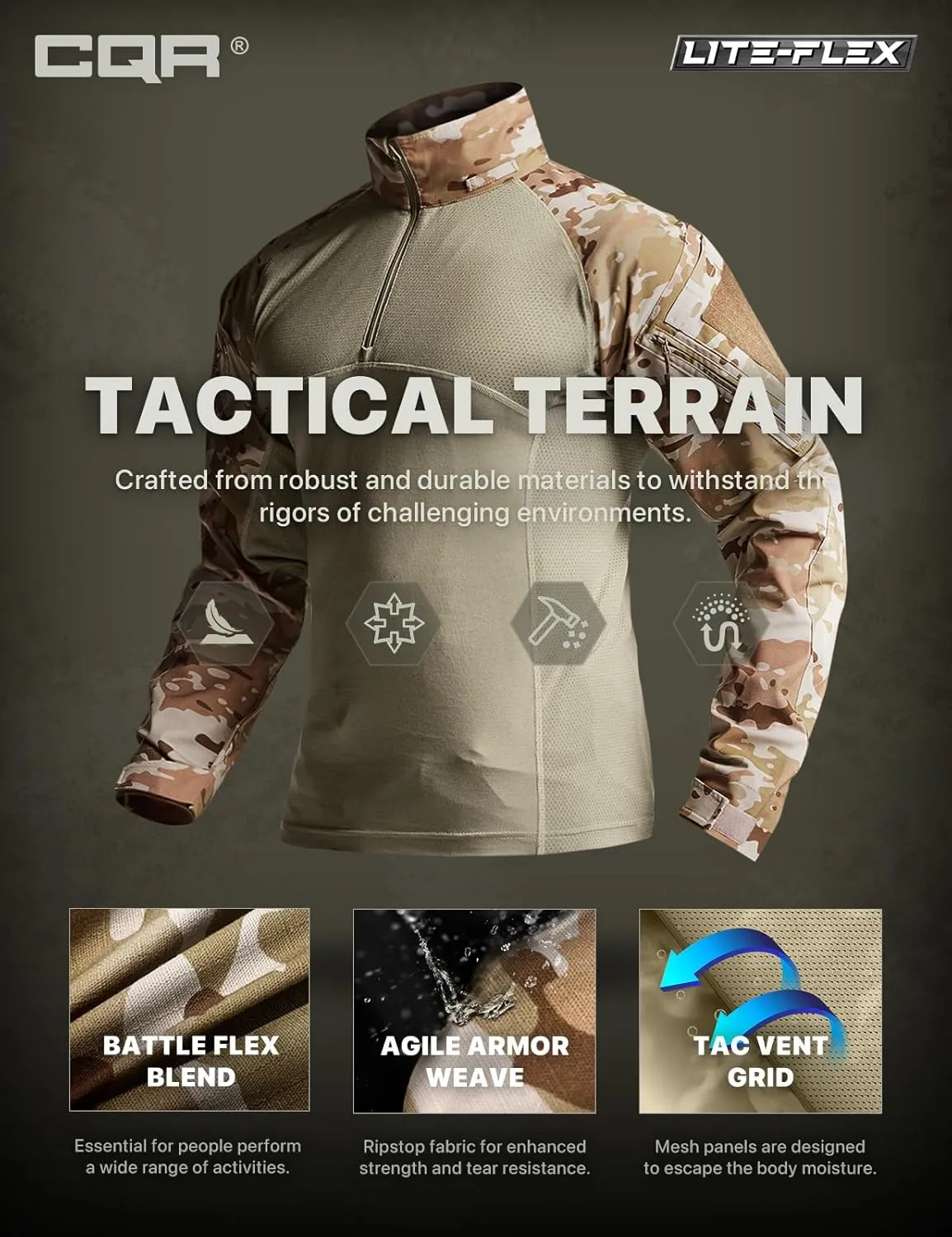 CQR Men's Combat Shirt Tactical 1/4 Zip Long Sleeve Military BDU Shirts Camo EDC Top with Pockets