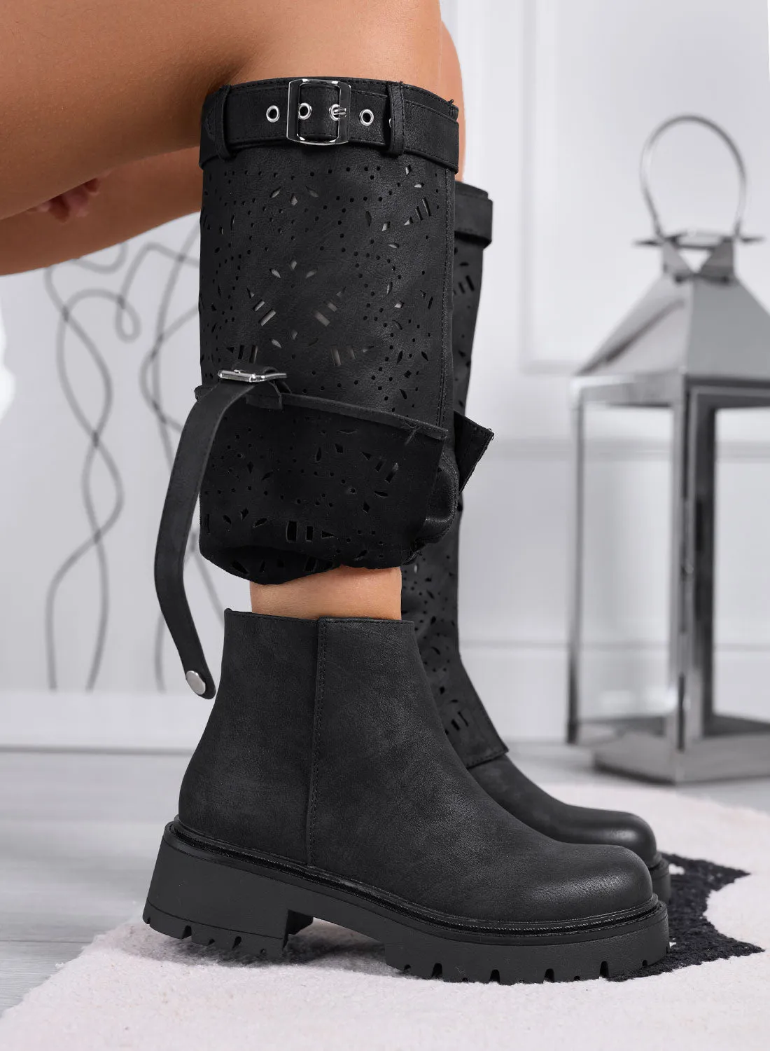 DOROTHY - Black 2-in-1 Perforated Boots with Removable Shaft