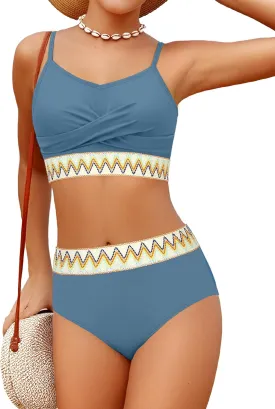 Girls Swimsuit 2 Piece Teen Criss Cross Bikini Set Woven Color Block Welt Bathing Suit for Girls Swimwear 9-18T