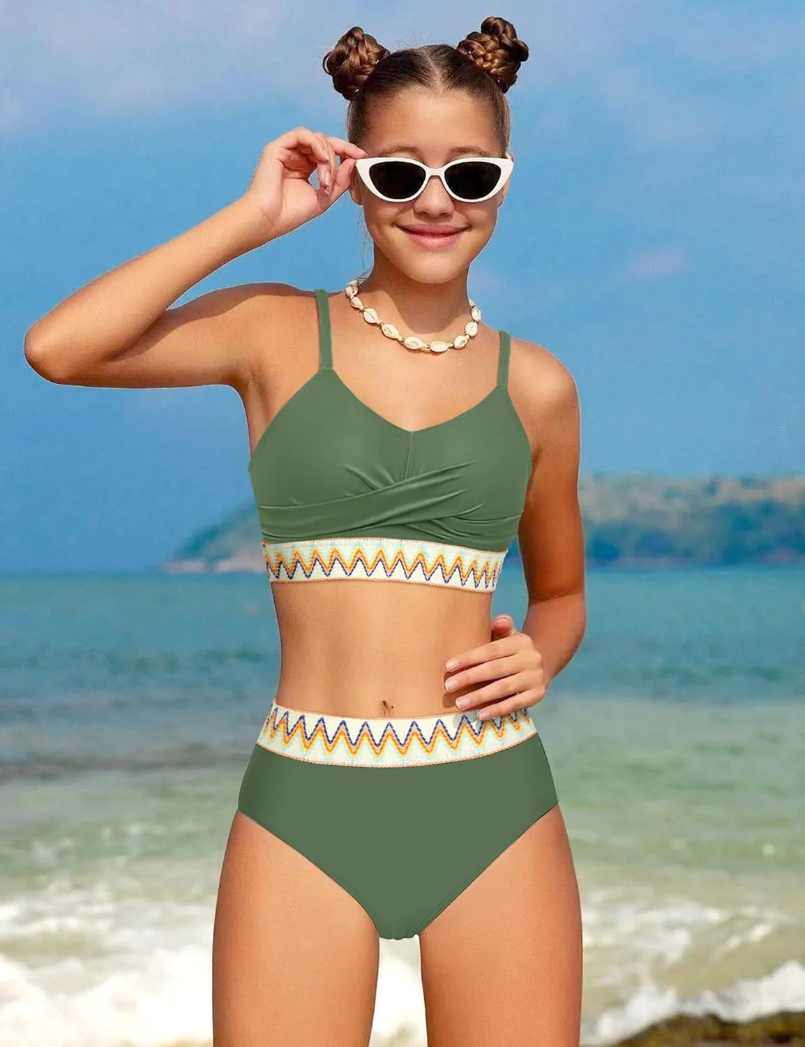Girls Swimsuit 2 Piece Teen Criss Cross Bikini Set Woven Color Block Welt Bathing Suit for Girls Swimwear 9-18T