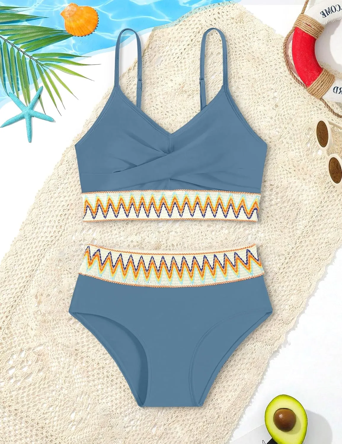 Girls Swimsuit 2 Piece Teen Criss Cross Bikini Set Woven Color Block Welt Bathing Suit for Girls Swimwear 9-18T