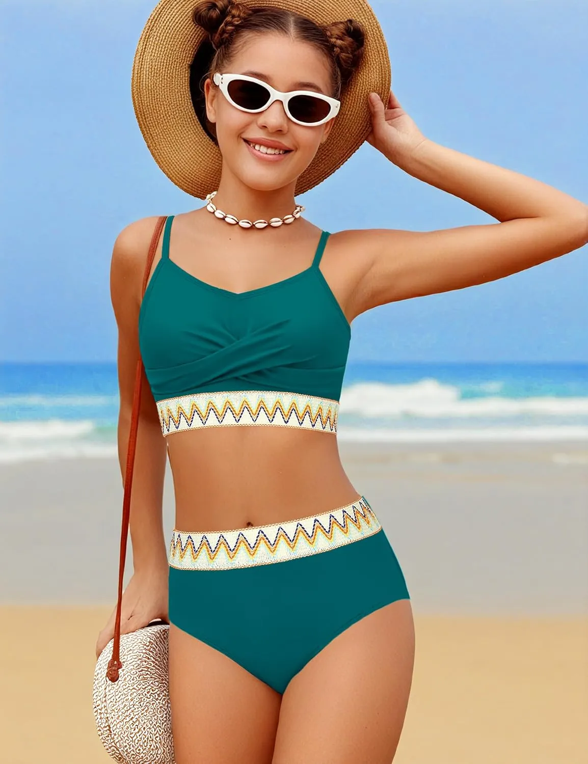 Girls Swimsuit 2 Piece Teen Criss Cross Bikini Set Woven Color Block Welt Bathing Suit for Girls Swimwear 9-18T