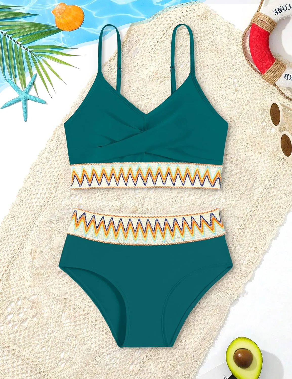 Girls Swimsuit 2 Piece Teen Criss Cross Bikini Set Woven Color Block Welt Bathing Suit for Girls Swimwear 9-18T