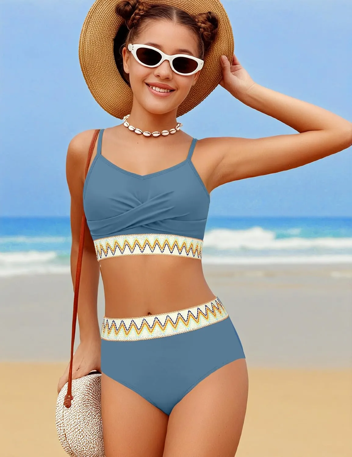 Girls Swimsuit 2 Piece Teen Criss Cross Bikini Set Woven Color Block Welt Bathing Suit for Girls Swimwear 9-18T