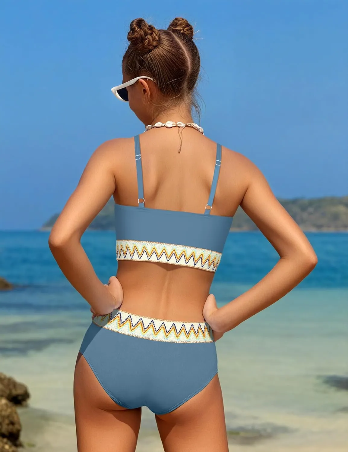 Girls Swimsuit 2 Piece Teen Criss Cross Bikini Set Woven Color Block Welt Bathing Suit for Girls Swimwear 9-18T