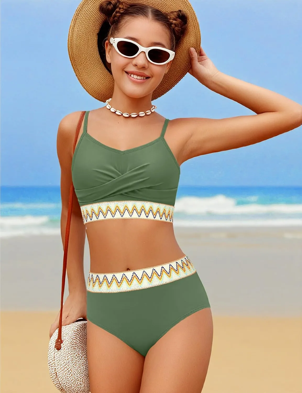 Girls Swimsuit 2 Piece Teen Criss Cross Bikini Set Woven Color Block Welt Bathing Suit for Girls Swimwear 9-18T
