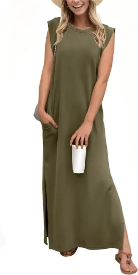 GRECERELLE 2025 Women Year-Round Casual Round Neck Loose Split Wrinkle-Free Long Maxi Vacation Dress with Pockets (XS-3XL)