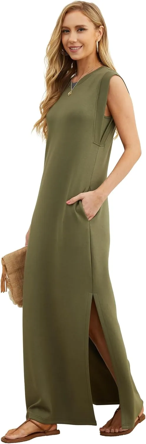 GRECERELLE 2025 Women Year-Round Casual Round Neck Loose Split Wrinkle-Free Long Maxi Vacation Dress with Pockets (XS-3XL)