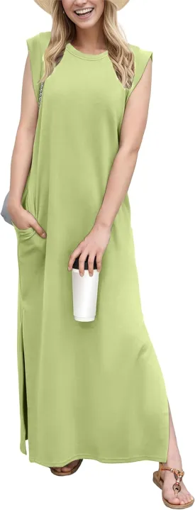GRECERELLE 2025 Women Year-Round Casual Round Neck Loose Split Wrinkle-Free Long Maxi Vacation Dress with Pockets (XS-3XL)