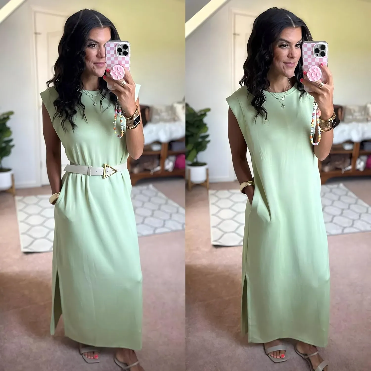 GRECERELLE 2025 Women Year-Round Casual Round Neck Loose Split Wrinkle-Free Long Maxi Vacation Dress with Pockets (XS-3XL)