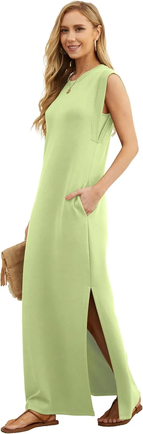 GRECERELLE 2025 Women Year-Round Casual Round Neck Loose Split Wrinkle-Free Long Maxi Vacation Dress with Pockets (XS-3XL)