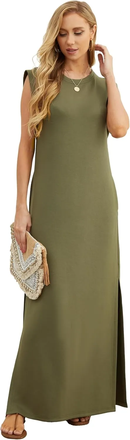 GRECERELLE 2025 Women Year-Round Casual Round Neck Loose Split Wrinkle-Free Long Maxi Vacation Dress with Pockets (XS-3XL)