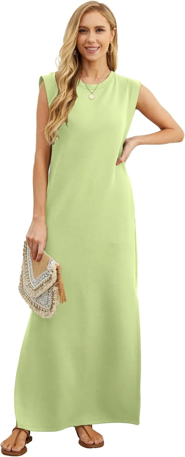 GRECERELLE 2025 Women Year-Round Casual Round Neck Loose Split Wrinkle-Free Long Maxi Vacation Dress with Pockets (XS-3XL)