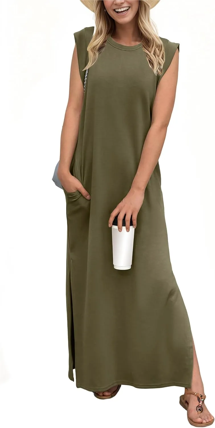 GRECERELLE 2025 Women Year-Round Casual Round Neck Loose Split Wrinkle-Free Long Maxi Vacation Dress with Pockets (XS-3XL)