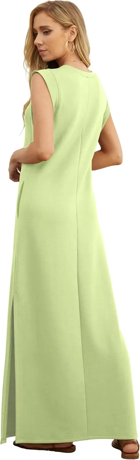 GRECERELLE 2025 Women Year-Round Casual Round Neck Loose Split Wrinkle-Free Long Maxi Vacation Dress with Pockets (XS-3XL)