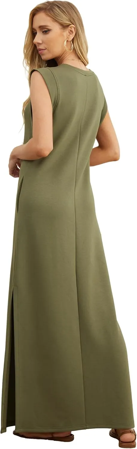 GRECERELLE 2025 Women Year-Round Casual Round Neck Loose Split Wrinkle-Free Long Maxi Vacation Dress with Pockets (XS-3XL)