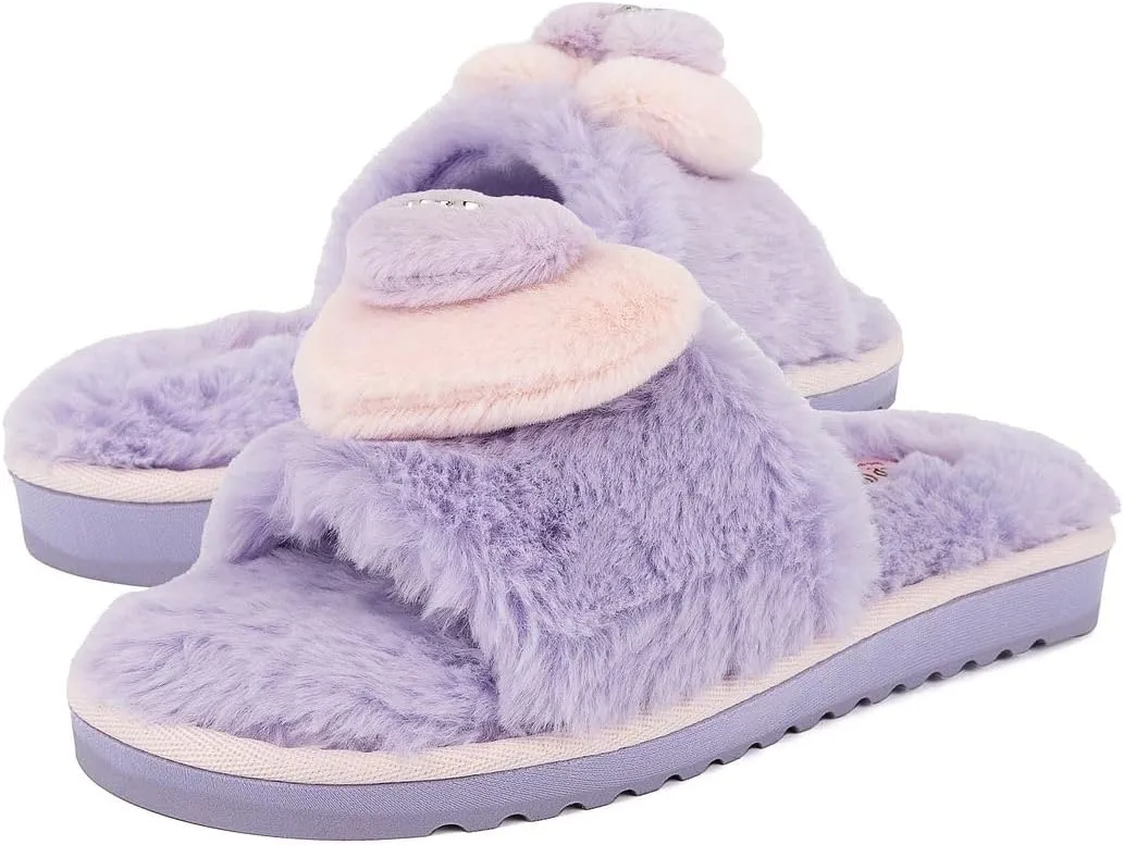 Juicy Couture Women's Faux Fur Slide Sandal Slippers, Open Toe, Comfortable Indoor Outdoor House Shoes