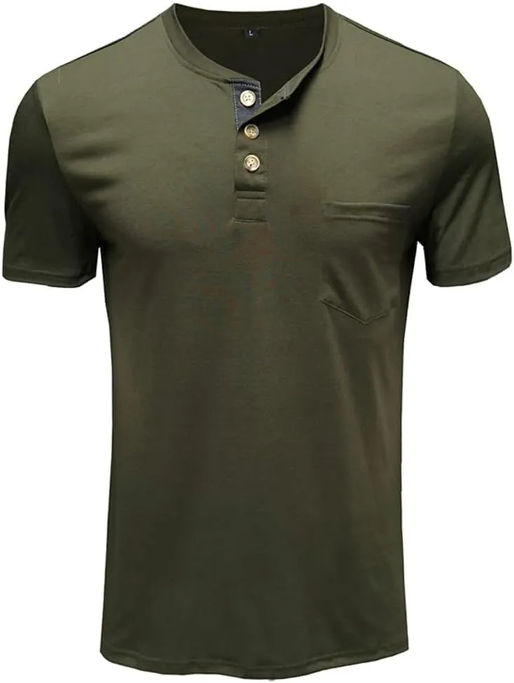 Mens Casual Short Sleeve Henley Shirts Fashion Button T Shirts with Pocket
