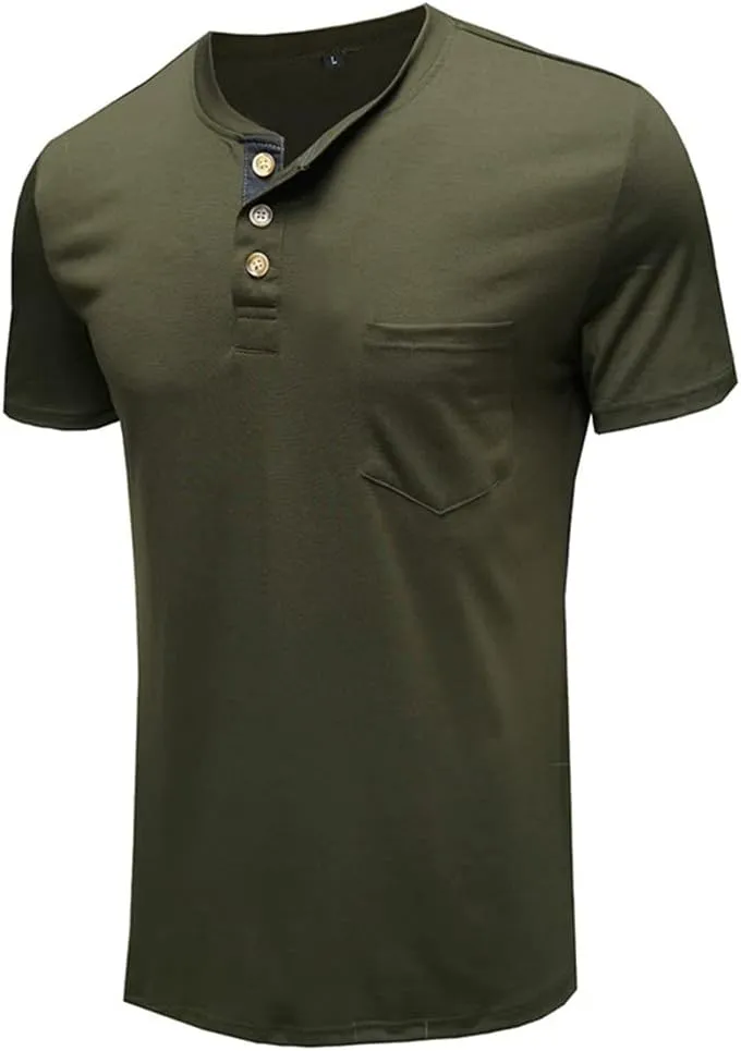 Mens Casual Short Sleeve Henley Shirts Fashion Button T Shirts with Pocket