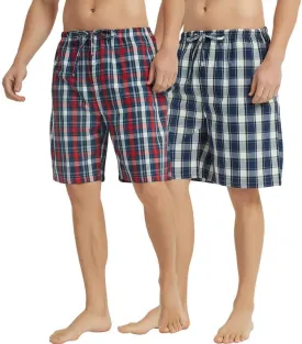 Vulcanodon 2 Pack Men's Cotton Pajama Shorts, Soft Woven Pajama Shorts for Men Plaid Pj Bottoms