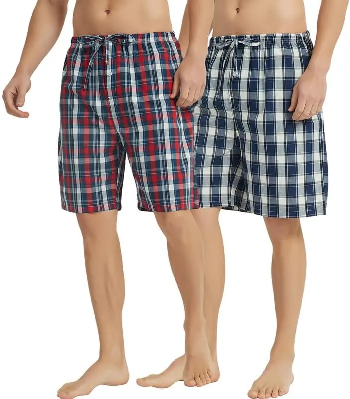 Vulcanodon 2 Pack Men's Cotton Pajama Shorts, Soft Woven Pajama Shorts for Men Plaid Pj Bottoms
