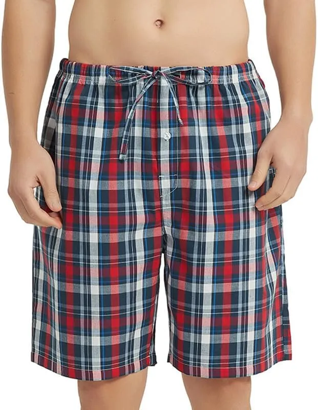 Vulcanodon 2 Pack Men's Cotton Pajama Shorts, Soft Woven Pajama Shorts for Men Plaid Pj Bottoms