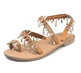 Women Vintage Pearl Boho Flat Sandals String Bead
