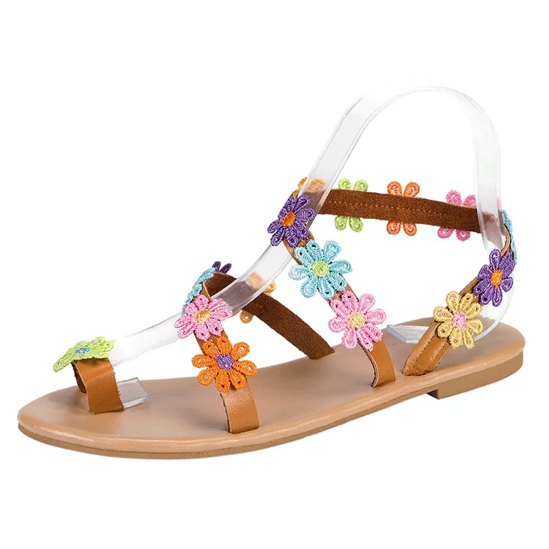 Women's Sandals New Summer Fashion Gladiator Flat Sandals Female Floral Boho Leisure Beach Sandals Women's Plus Size 43